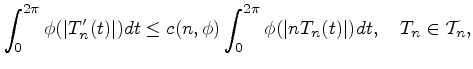 $\displaystyle \int_0^{2\pi}\phi(\vert T_n'(t)\vert)dt\le
c(n,\phi)\int_0^{2\pi}\phi(\vert nT_n(t)\vert)dt,\quad
T_n\in {\cal T}_n,
$
